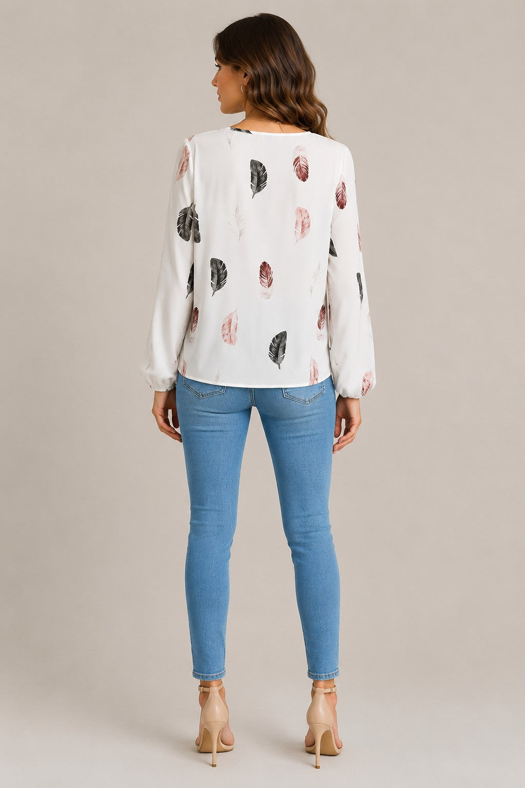 Women's Feather Print Long Sleeve Blouse