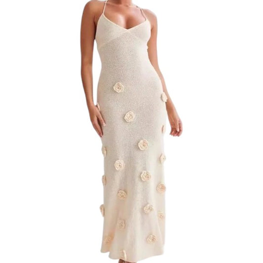Women's Floral Applique Halter Maxi Dress