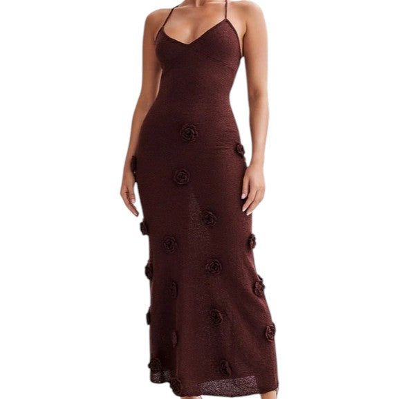 Women's Floral Applique Halter Maxi Dress