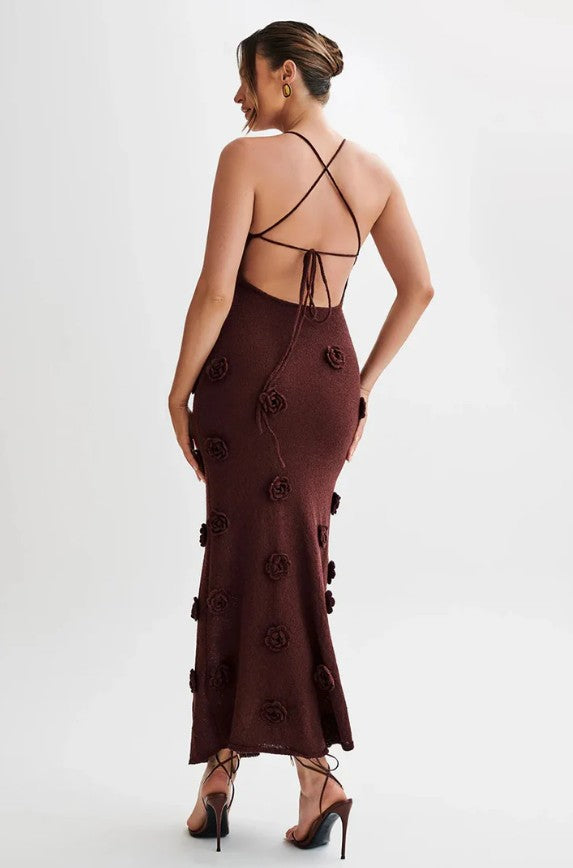 Women's Floral Applique Halter Maxi Dress