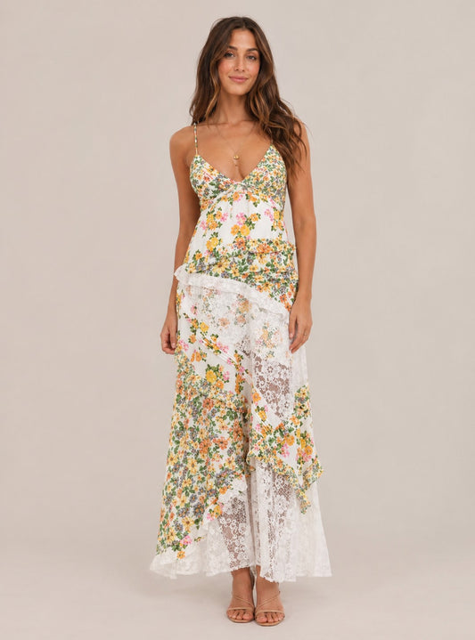 Women's Floral Lace Panel Maxi Dress