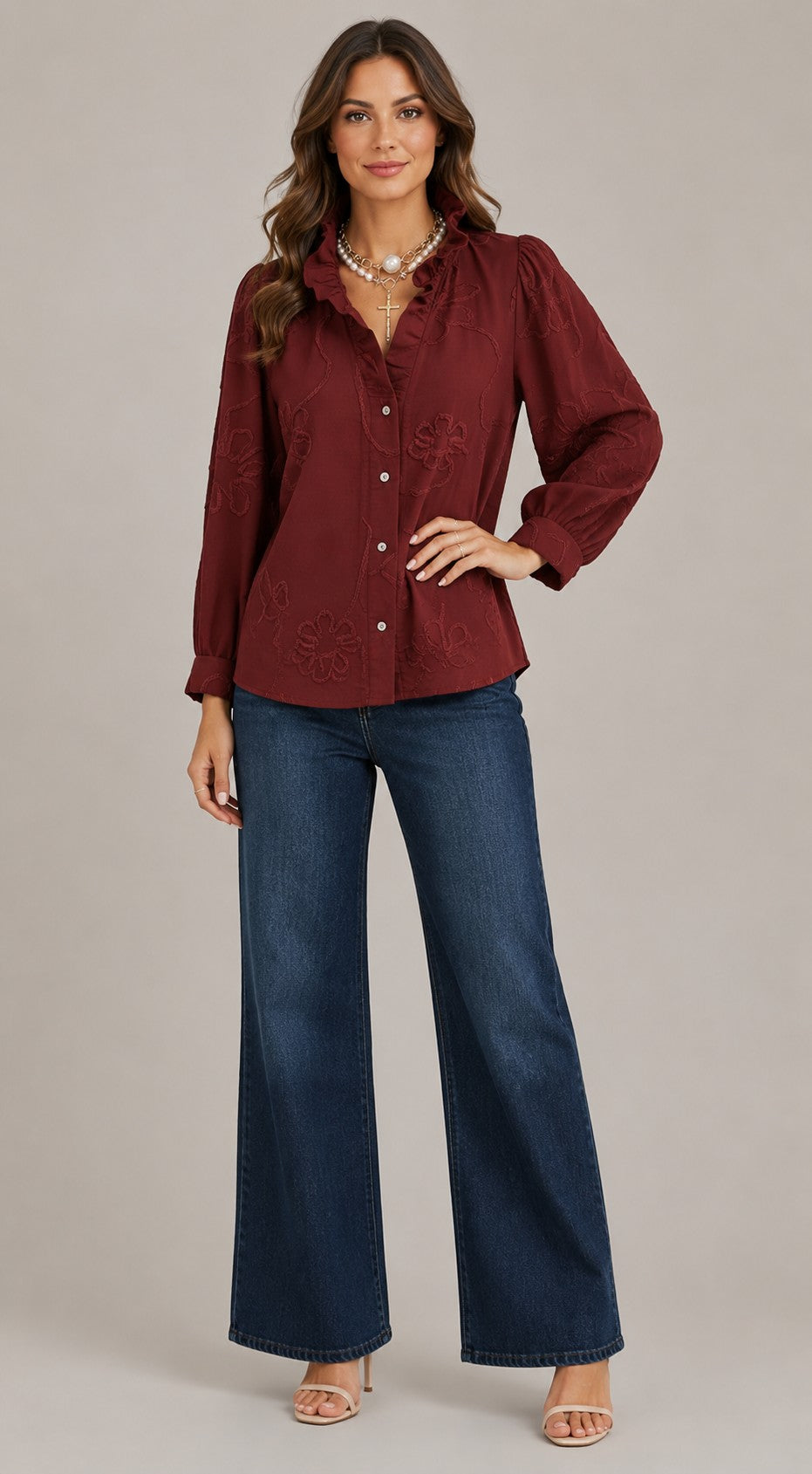 Women's Floral Print Ruffle Neck Blouse