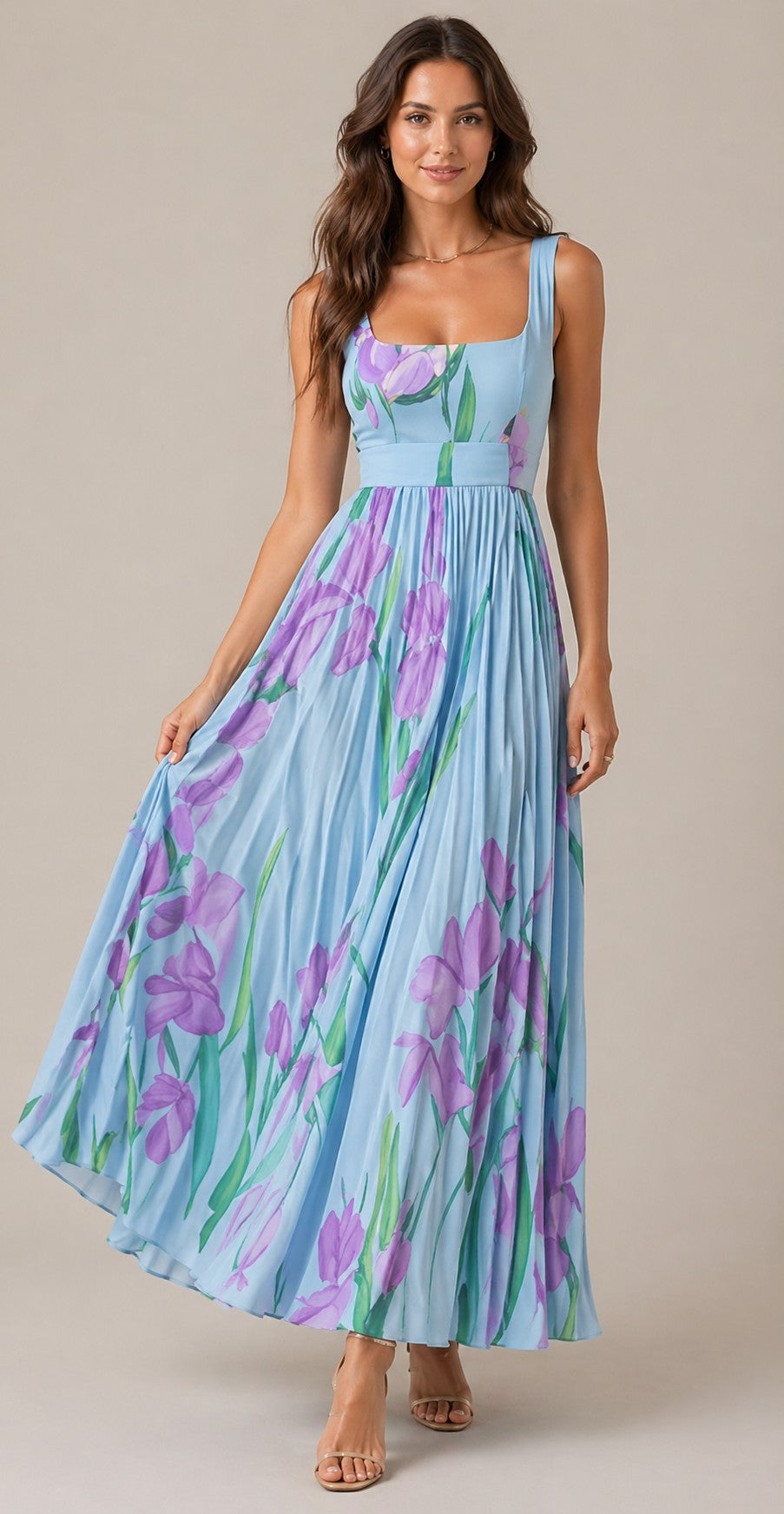 Women’s Floral Print Sleeveless Pleated Dress