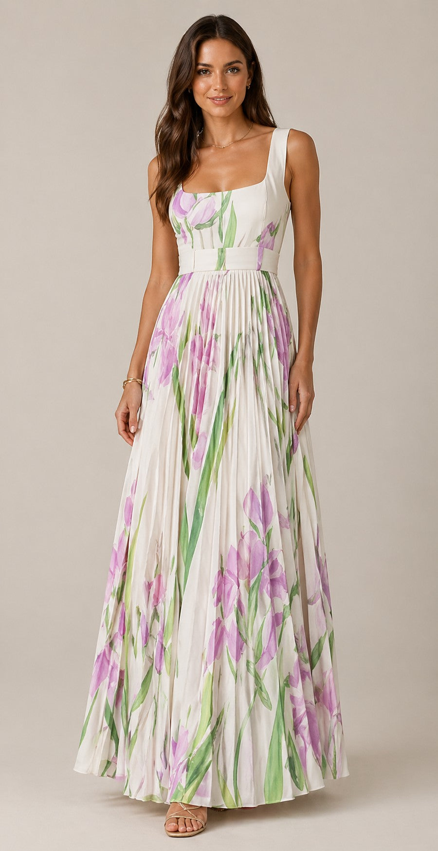 Women’s Floral Print Sleeveless Pleated Dress