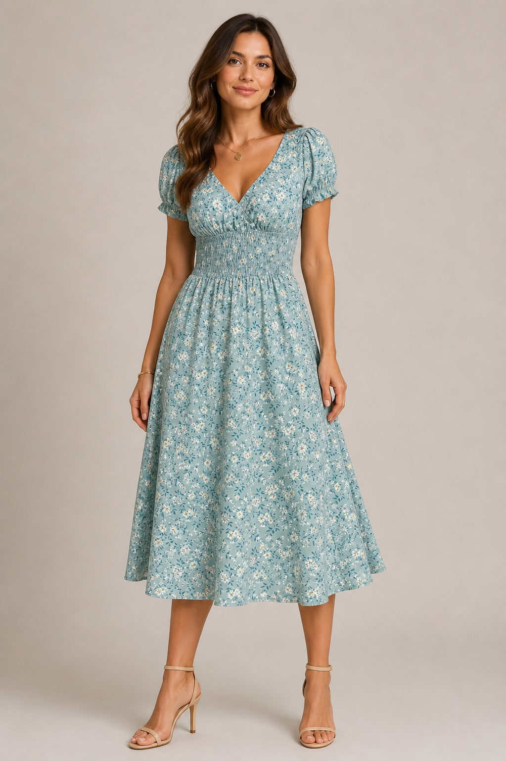 Women's Floral Short Sleeve Smocked Midi Dress
