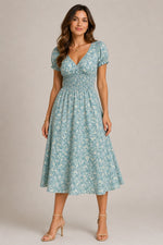 Women's Floral Short Sleeve Smocked Midi Dress