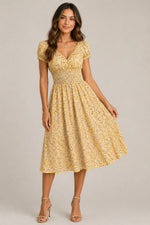 Women's Floral Short Sleeve Smocked Midi Dress