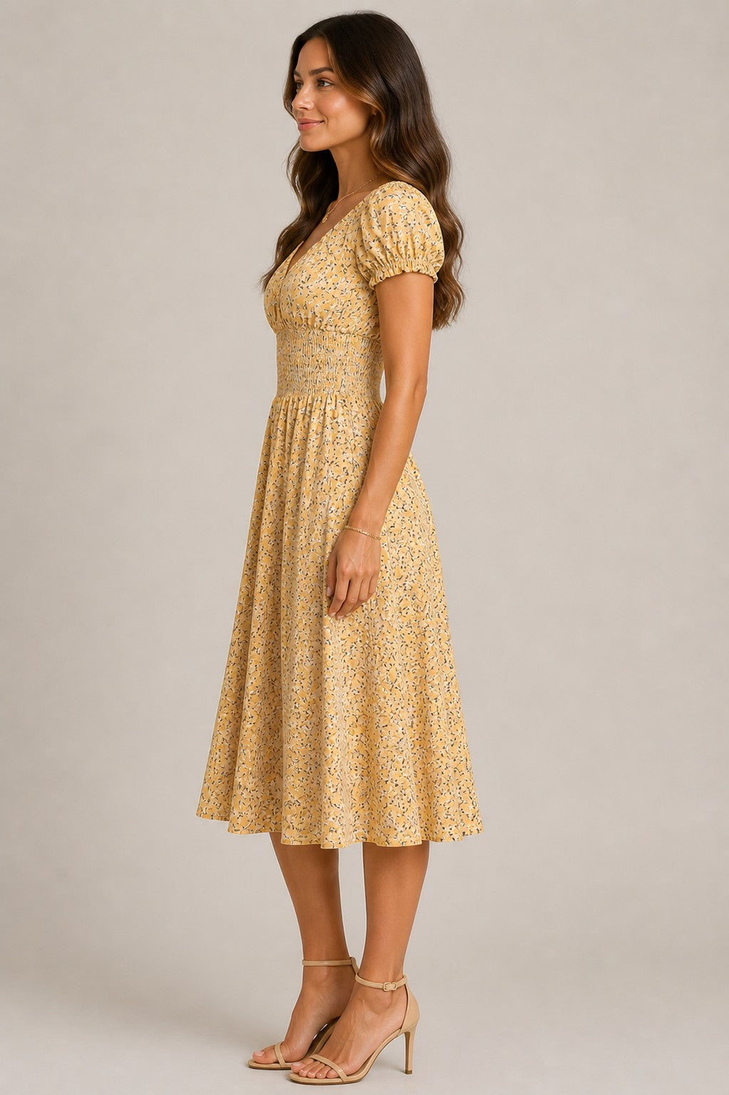 Women's Floral Short Sleeve Smocked Midi Dress