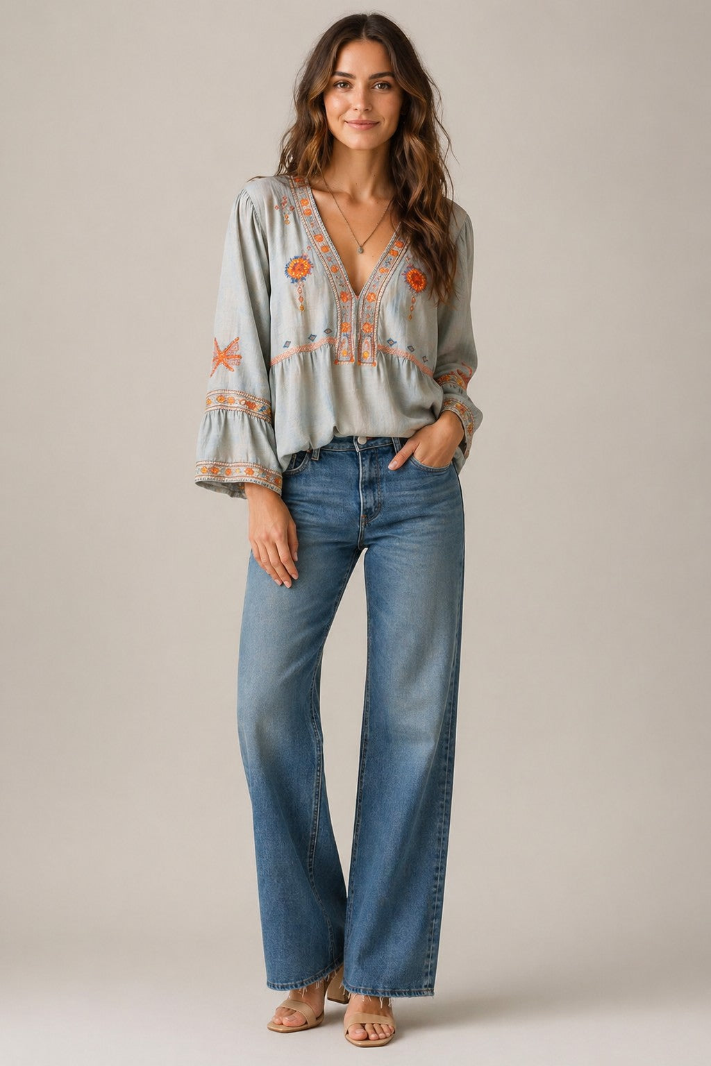 Women’s Front Panel Long Sleeve V-Neck Blouse