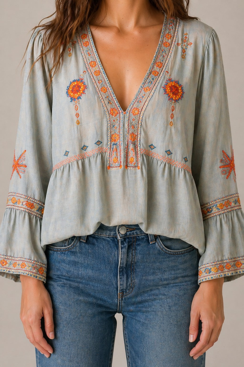 Women’s Front Panel Long Sleeve V-Neck Blouse