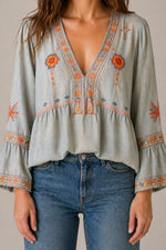 Women’s Front Panel Long Sleeve V-Neck Blouse