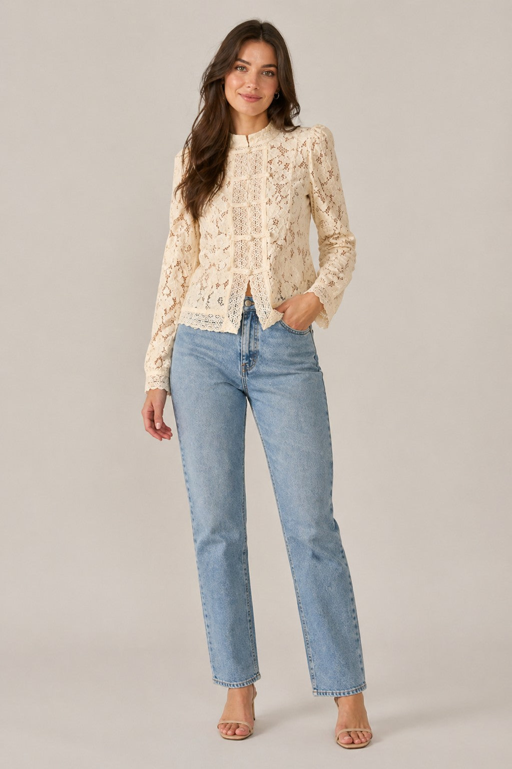 Women’s High Neck Lace Long Sleeve Blouse