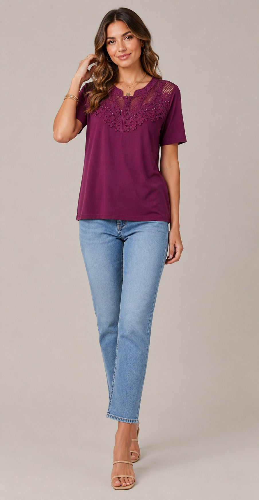 Women's Lace Detail Short Sleeve Top