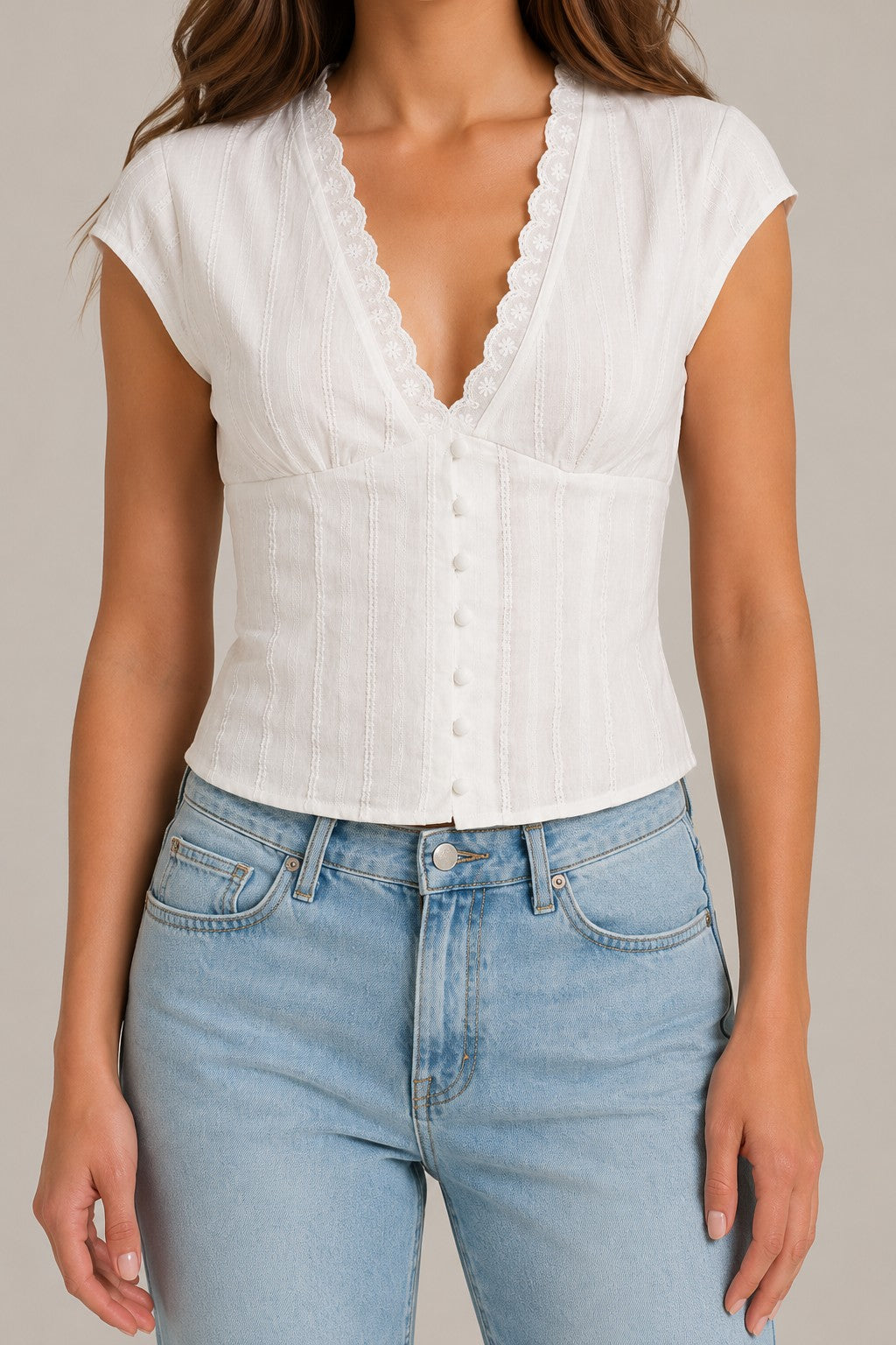 Women's Lace Trim Button-Front Blouse