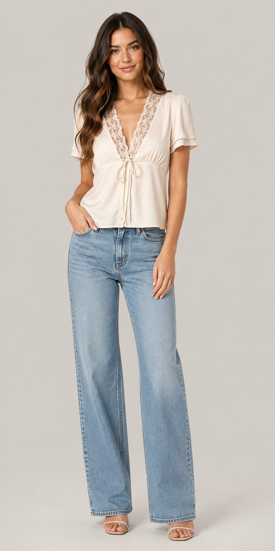 Women's Lace Trim Tie-Front Blouse