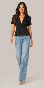 Women's Lace Trim Tie-Front Blouse