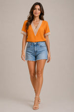 Women’s Lace Trim V-Neck Short Sleeve Blouse