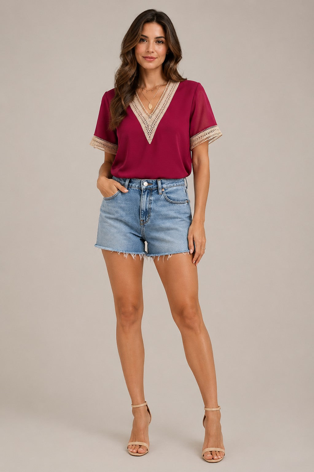 Women’s Lace Trim V-Neck Short Sleeve Blouse