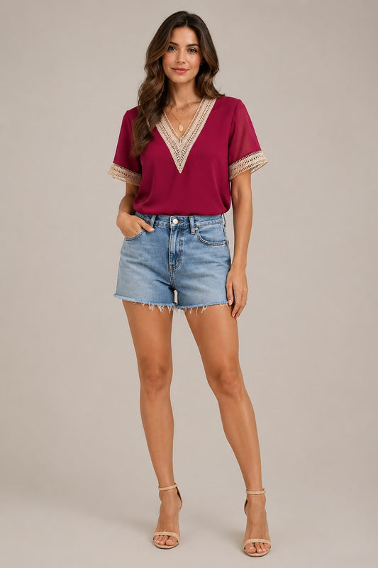 Women’s Lace Trim V-Neck Short Sleeve Blouse