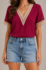 Women’s Lace Trim V-Neck Short Sleeve Blouse