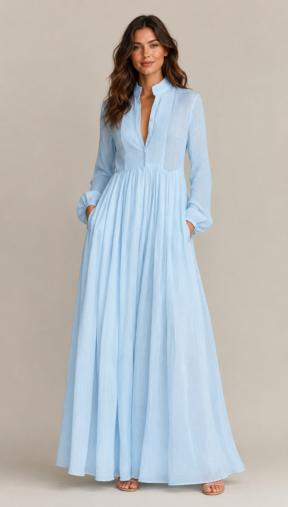 Women's Long Sleeve Button Front Maxi Dress