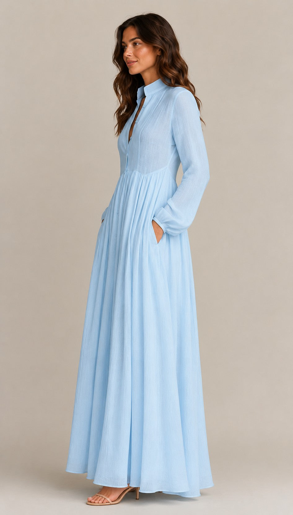 Women's Long Sleeve Button Front Maxi Dress