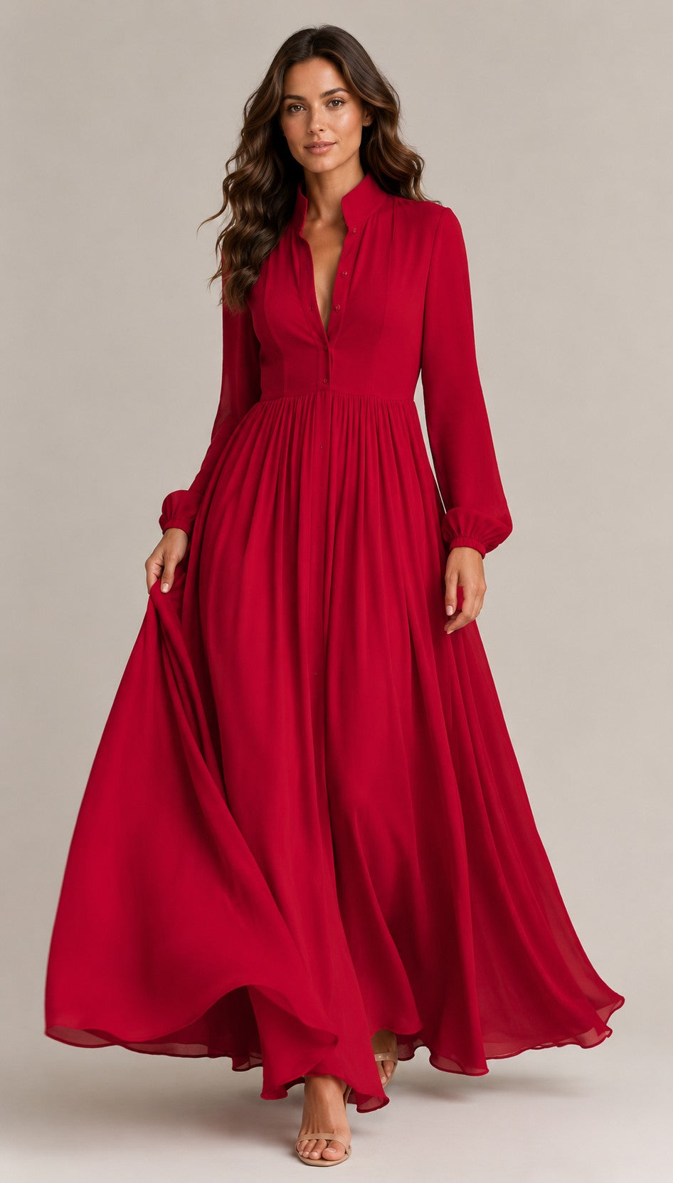 Women's Long Sleeve Button Front Maxi Dress