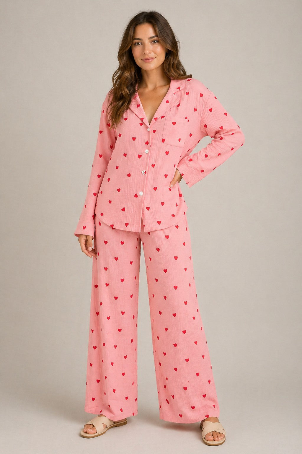Women’s Long Sleeve Button-Up Top Wide Leg Pants Set