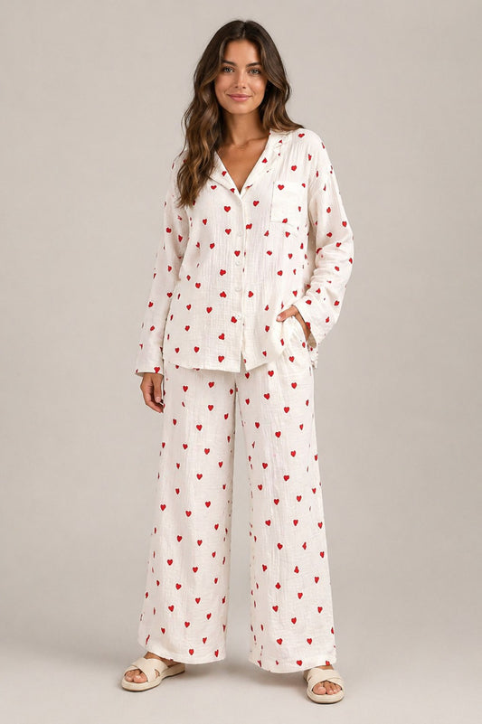 Women’s Long Sleeve Button-Up Top Wide Leg Pants Set