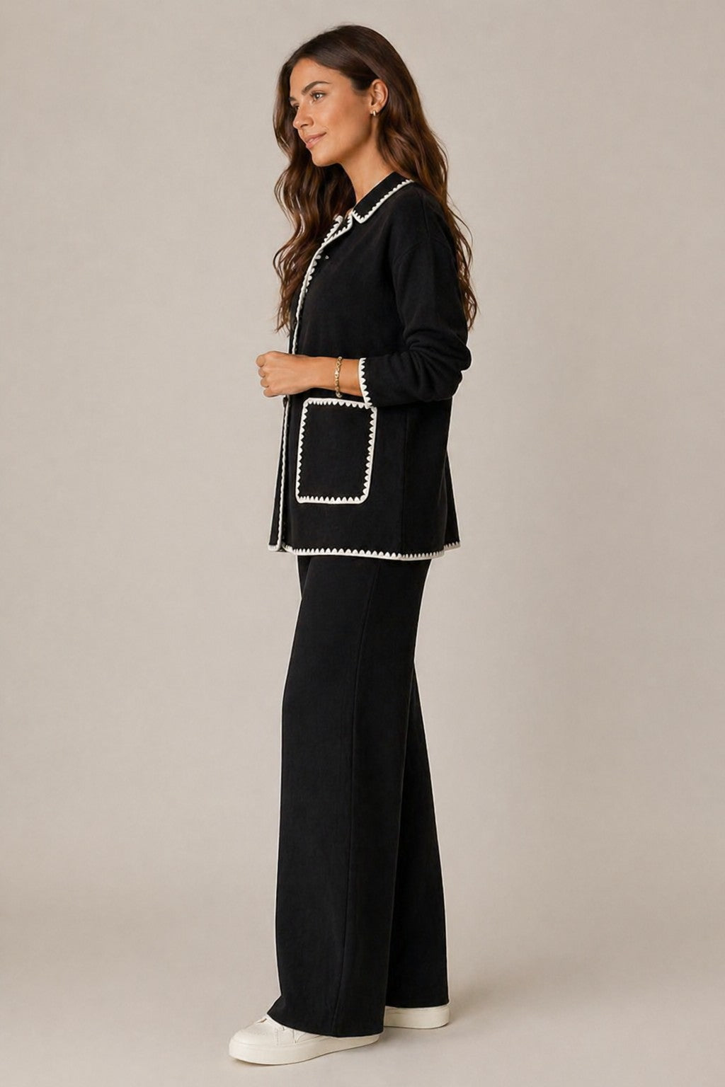 Women’s Long Sleeve Button-Up Top Wide Pants Set