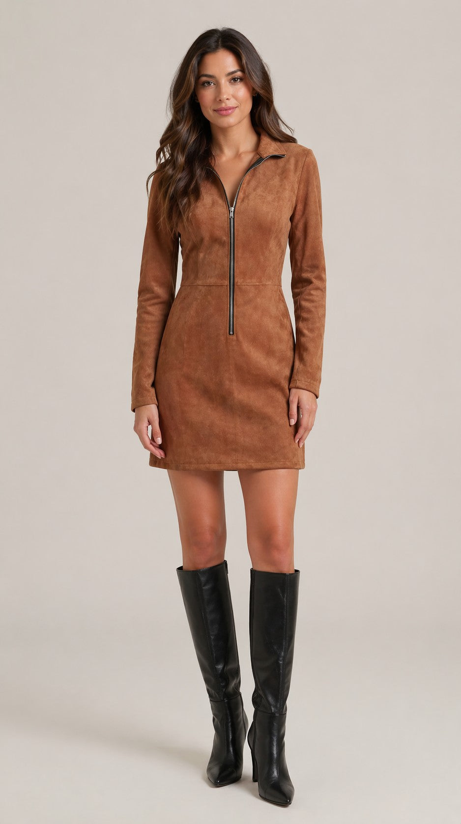 Women’s Long Sleeve Front Zipper Collar Mini Dress