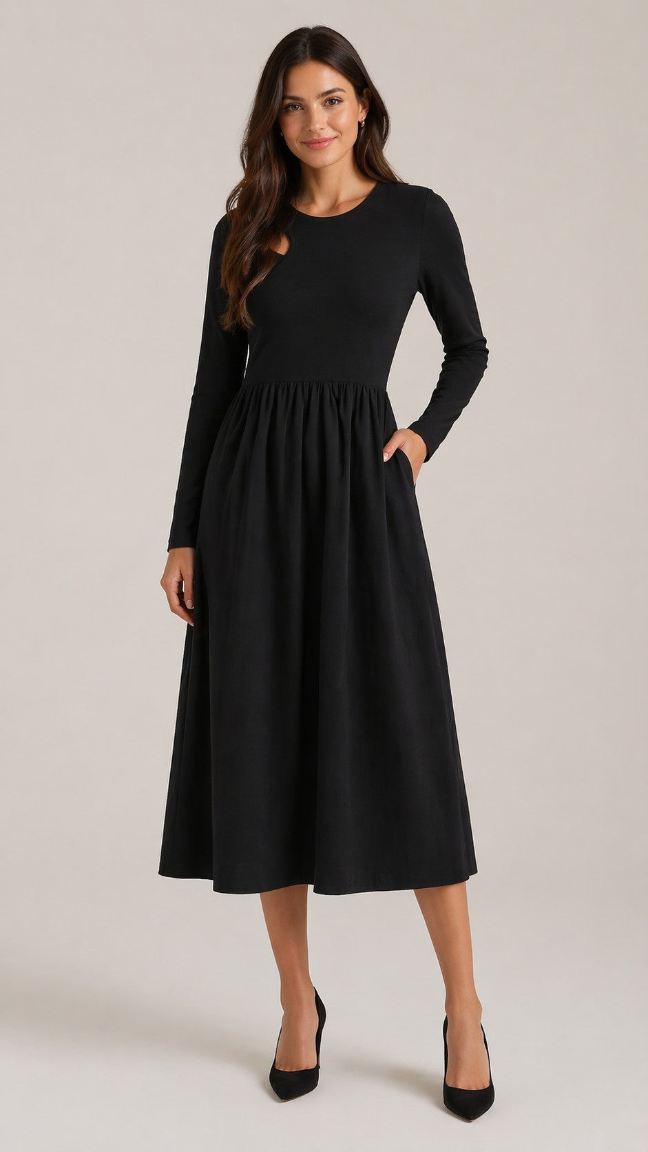 Women’s Long Sleeve Gathered Skirt Midi Dress