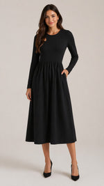 Women’s Long Sleeve Gathered Skirt Midi Dress