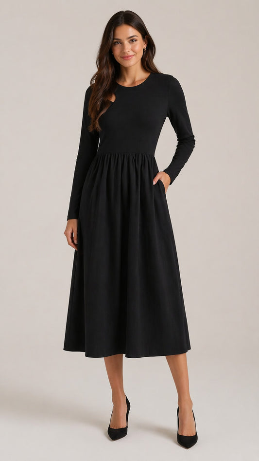 Women’s Long Sleeve Gathered Skirt Midi Dress