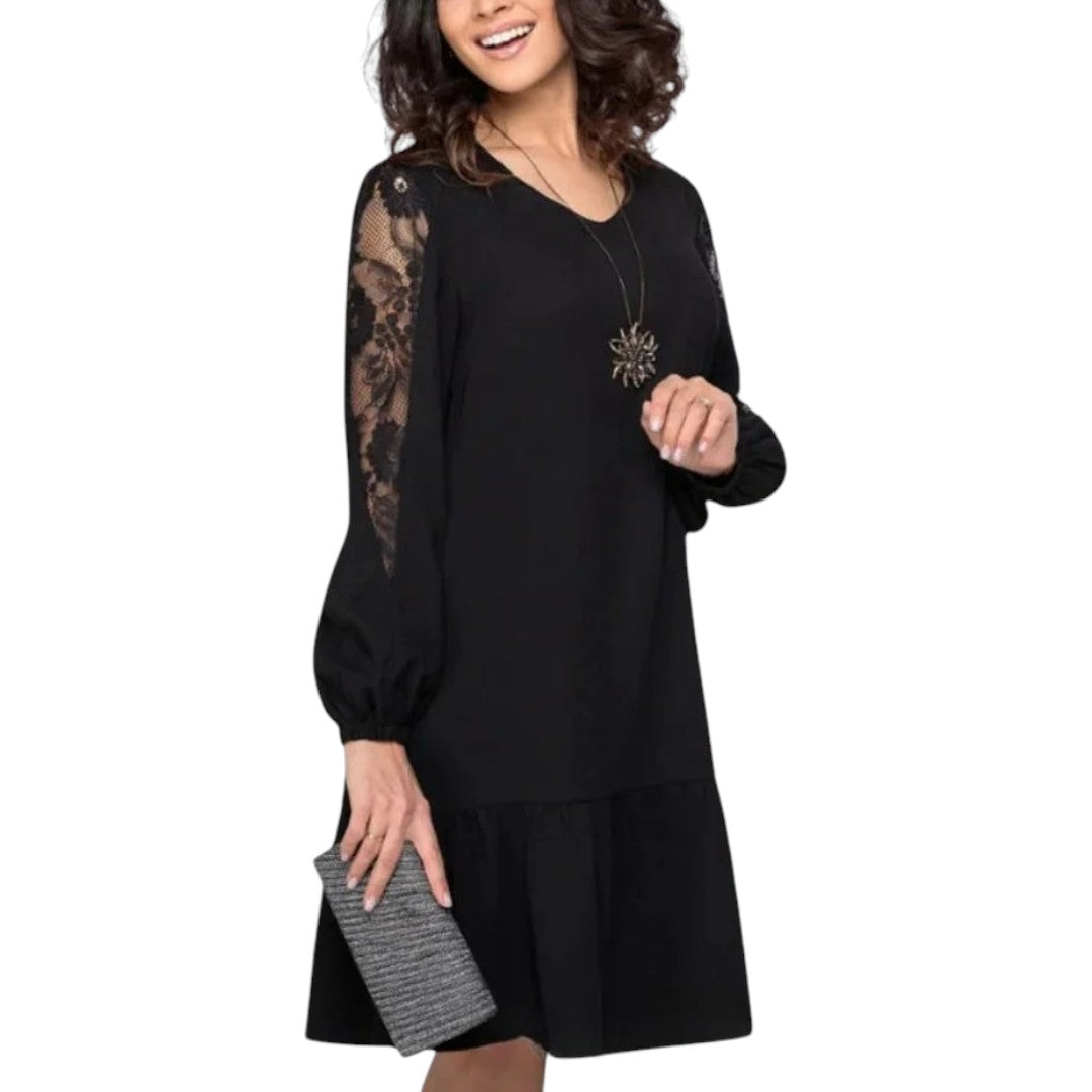 Women's Long Sleeve Lace Sleeve Ruffle Midi Dress