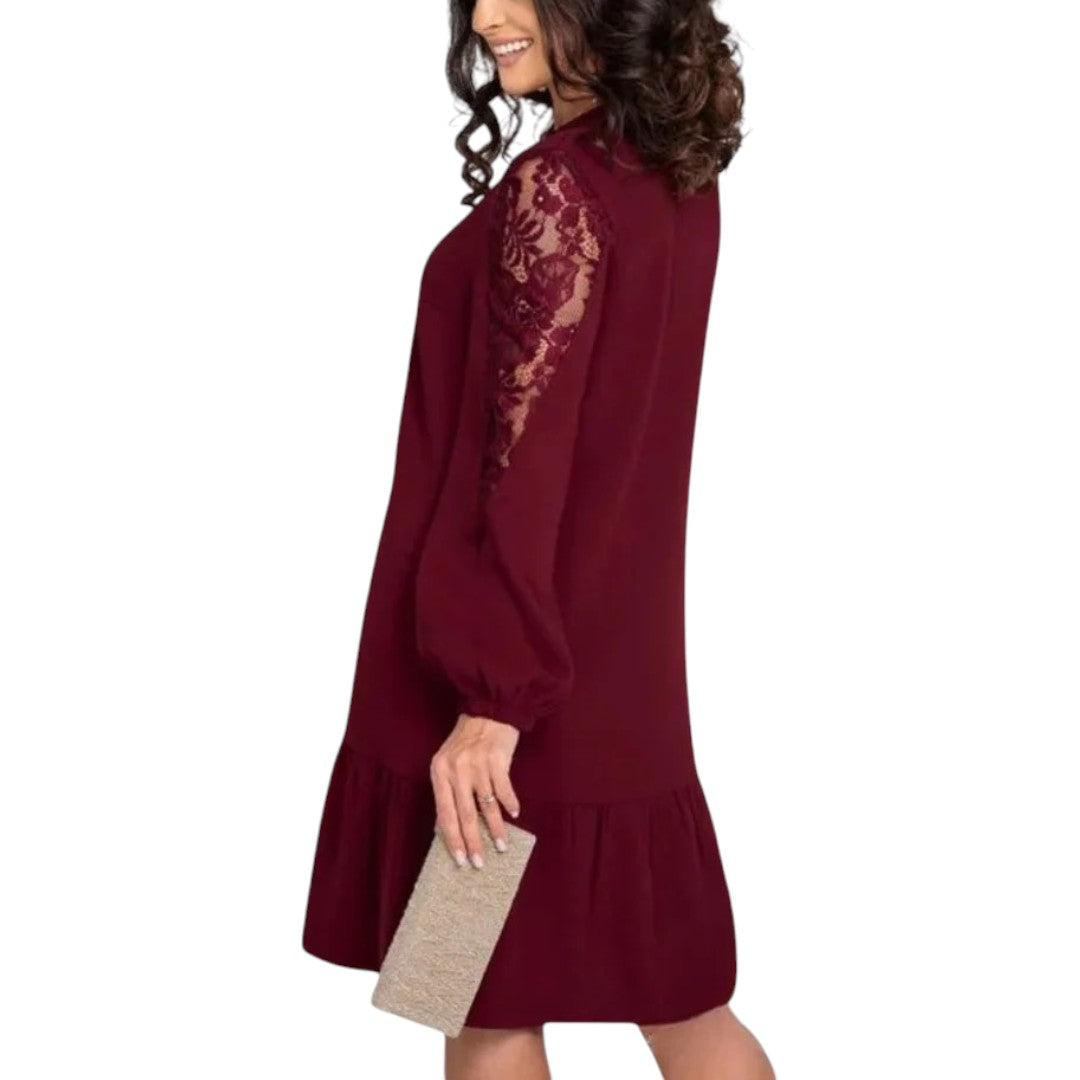 Women's Long Sleeve Lace Sleeve Ruffle Midi Dress