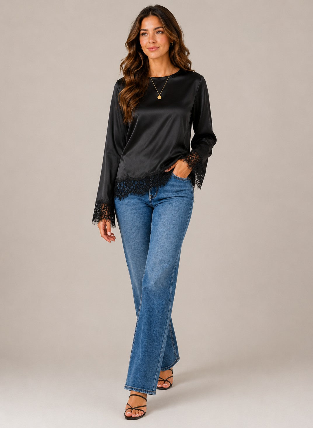 Women's Long Sleeve Lace Trim Blouse