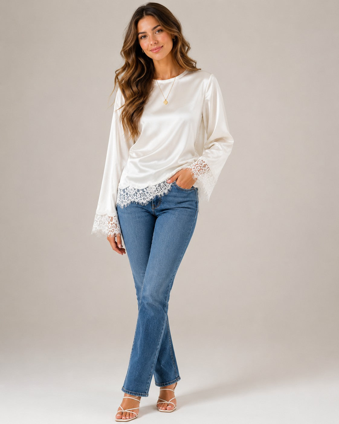 Women's Long Sleeve Lace Trim Blouse