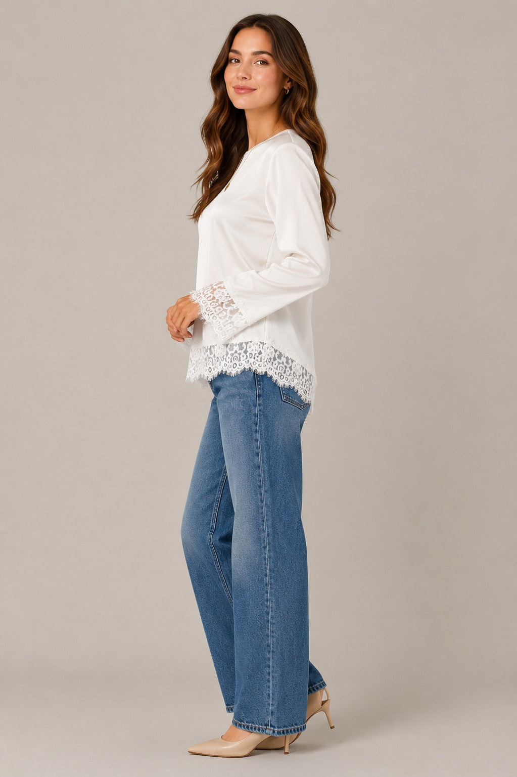 Women's Long Sleeve Lace Trim Blouse