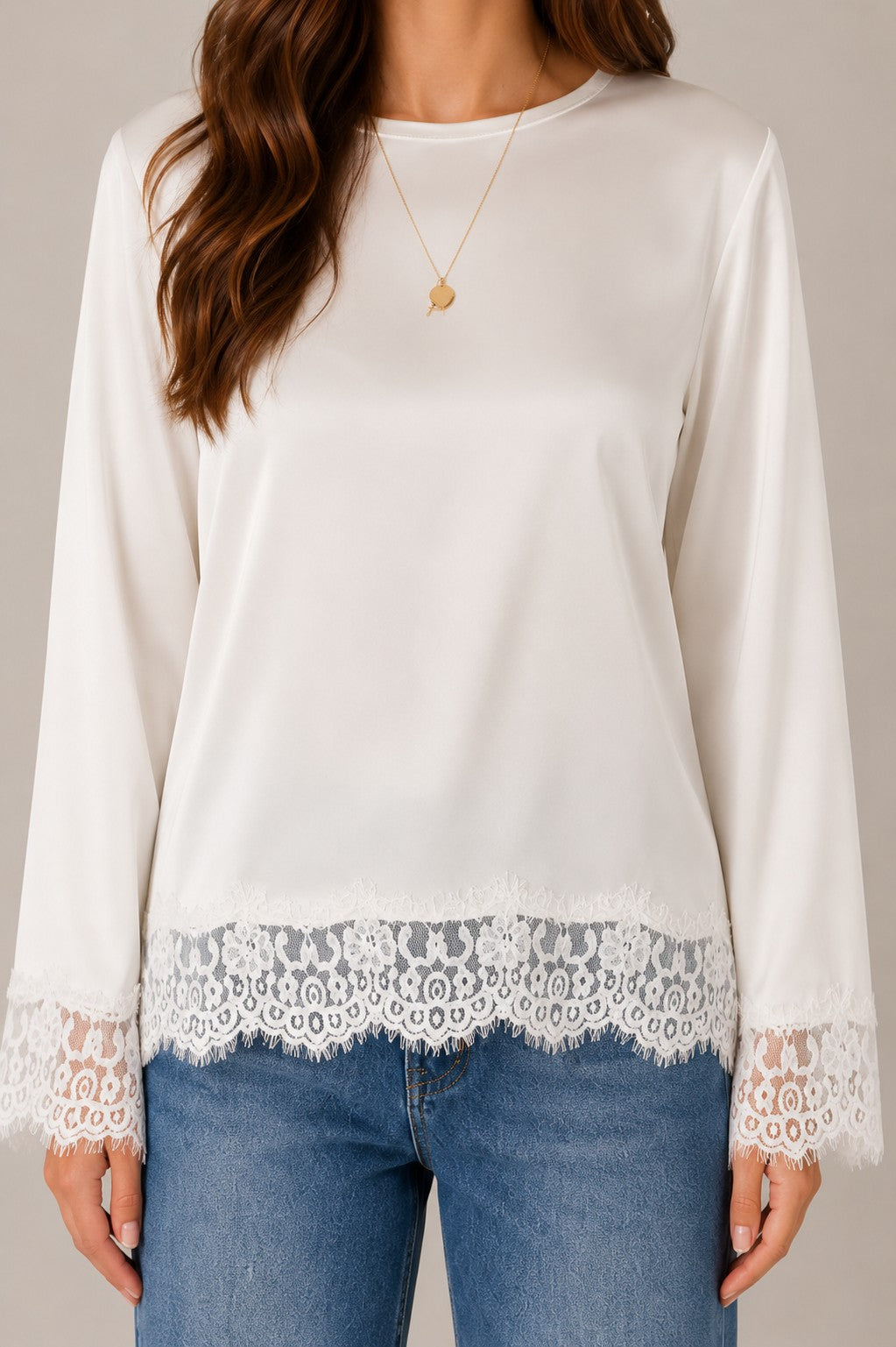 Women's Long Sleeve Lace Trim Blouse