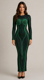 Women’s Long Sleeve Line Pattern Maxi Dress