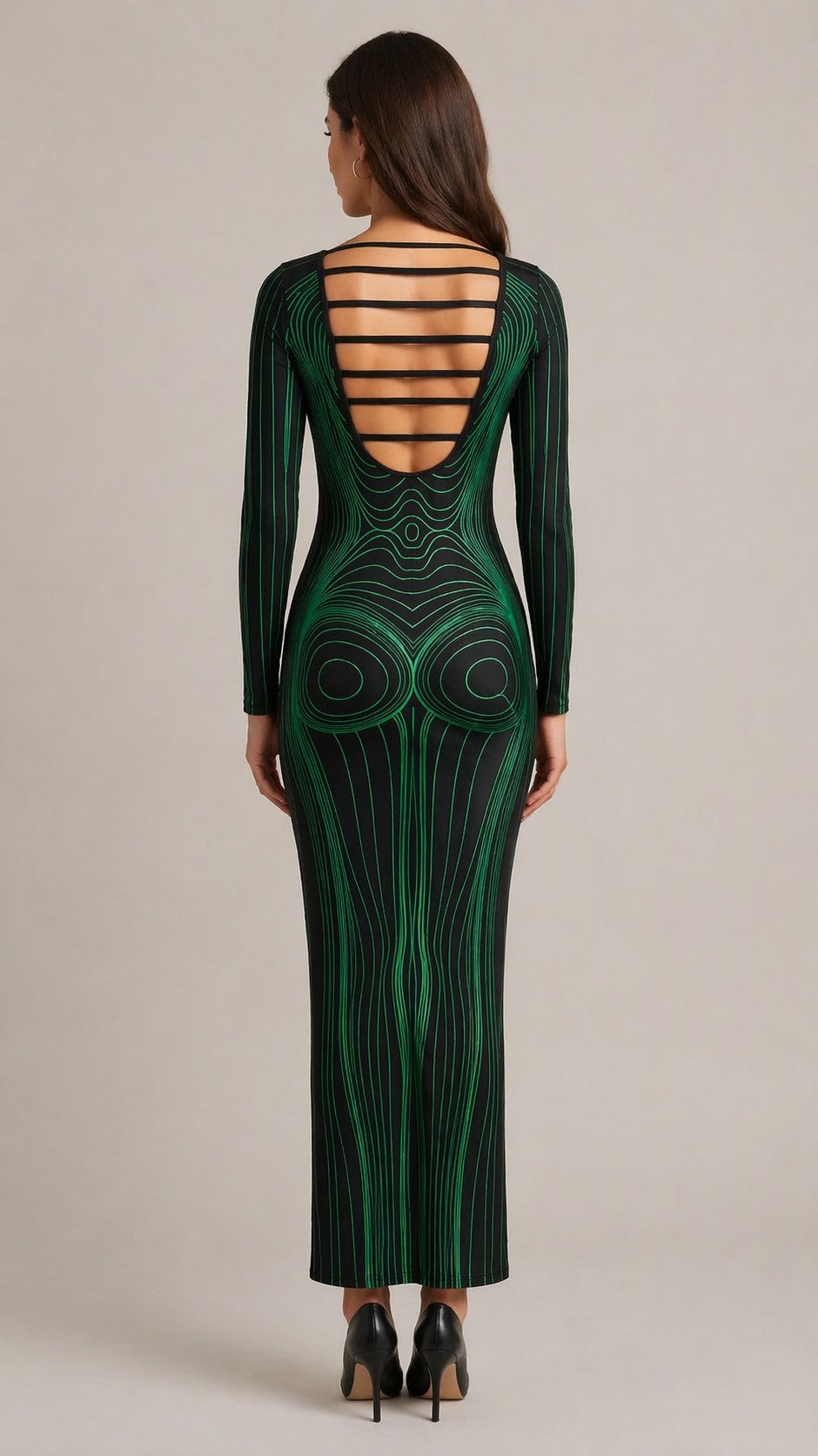 Women’s Long Sleeve Line Pattern Maxi Dress