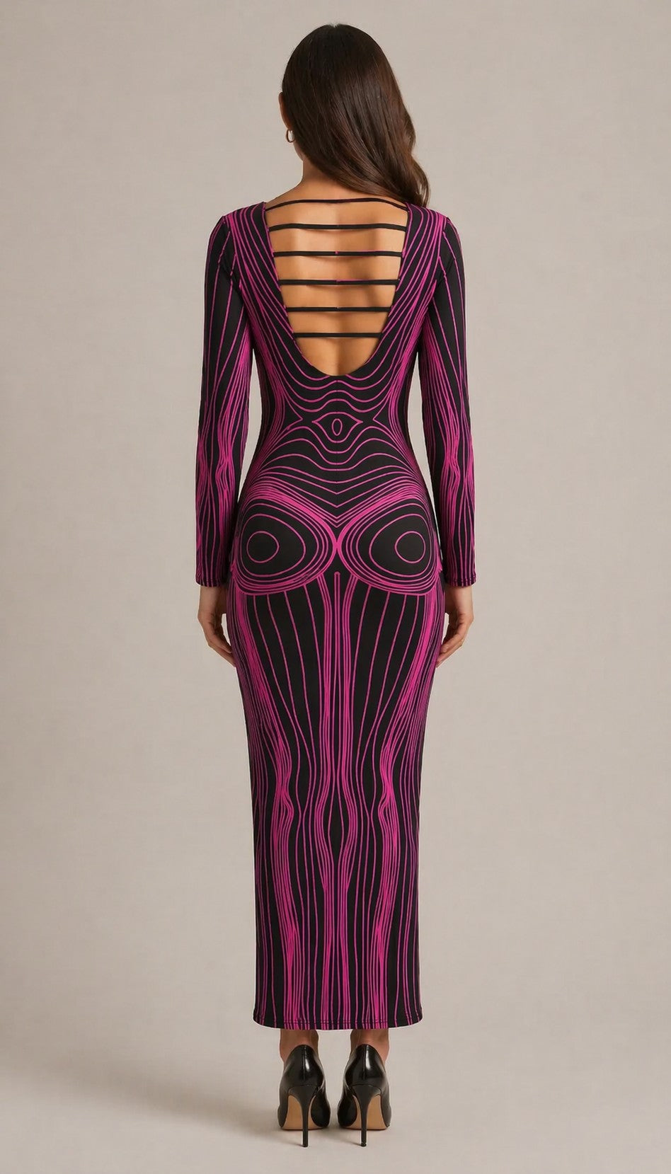 Women’s Long Sleeve Line Pattern Maxi Dress