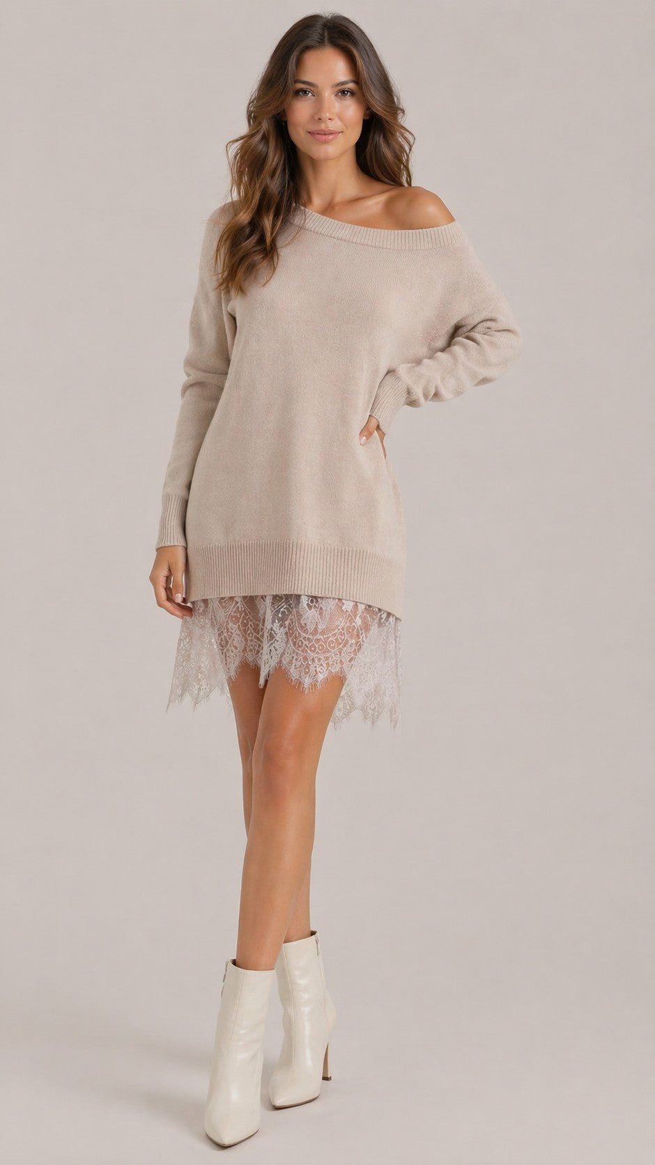 Women’s Long Sleeve Off Shoulder Lace Hem Mini Dress