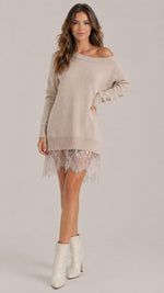 Women’s Long Sleeve Off Shoulder Lace Hem Mini Dress