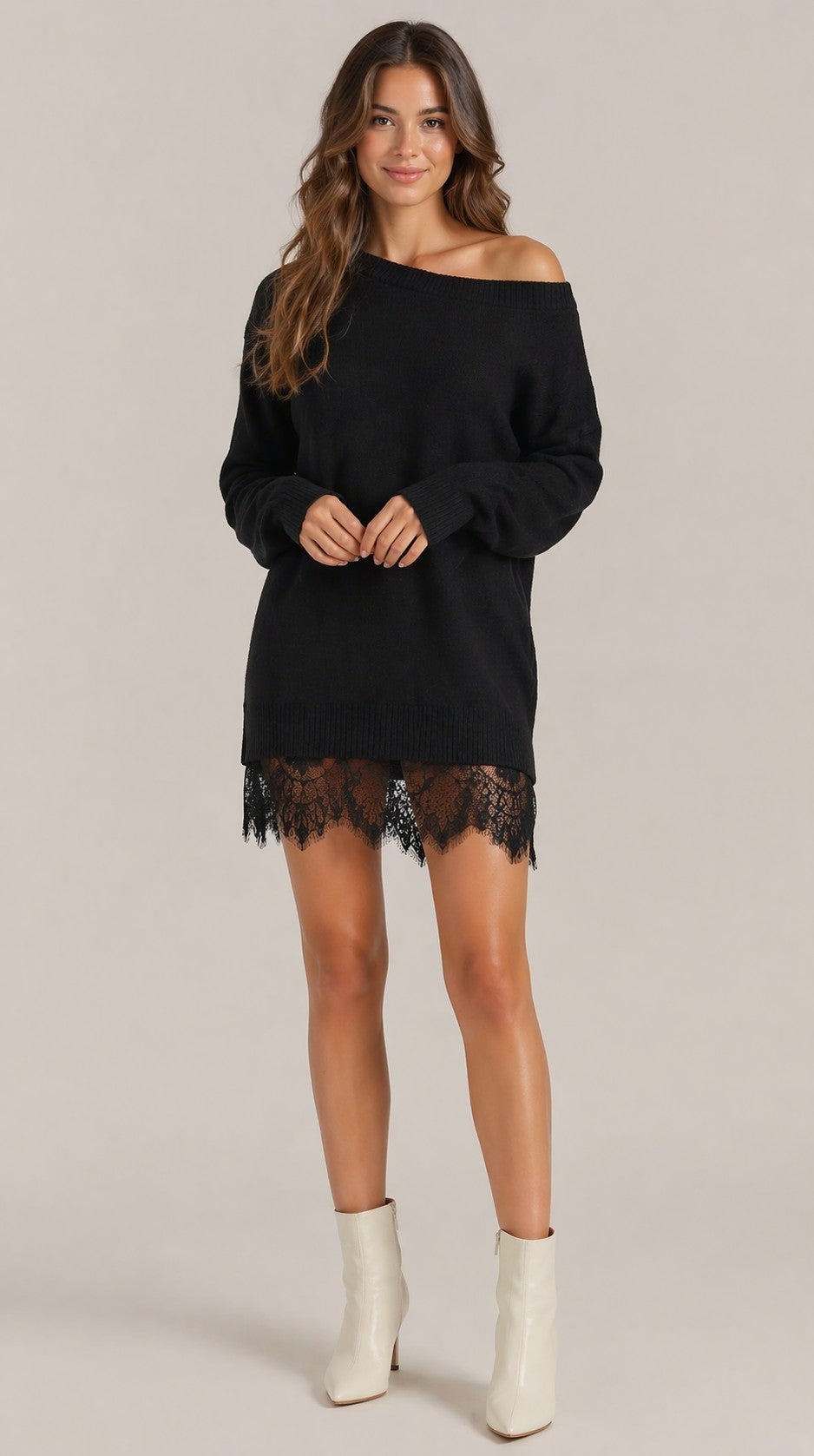 Women’s Long Sleeve Off Shoulder Lace Hem Mini Dress