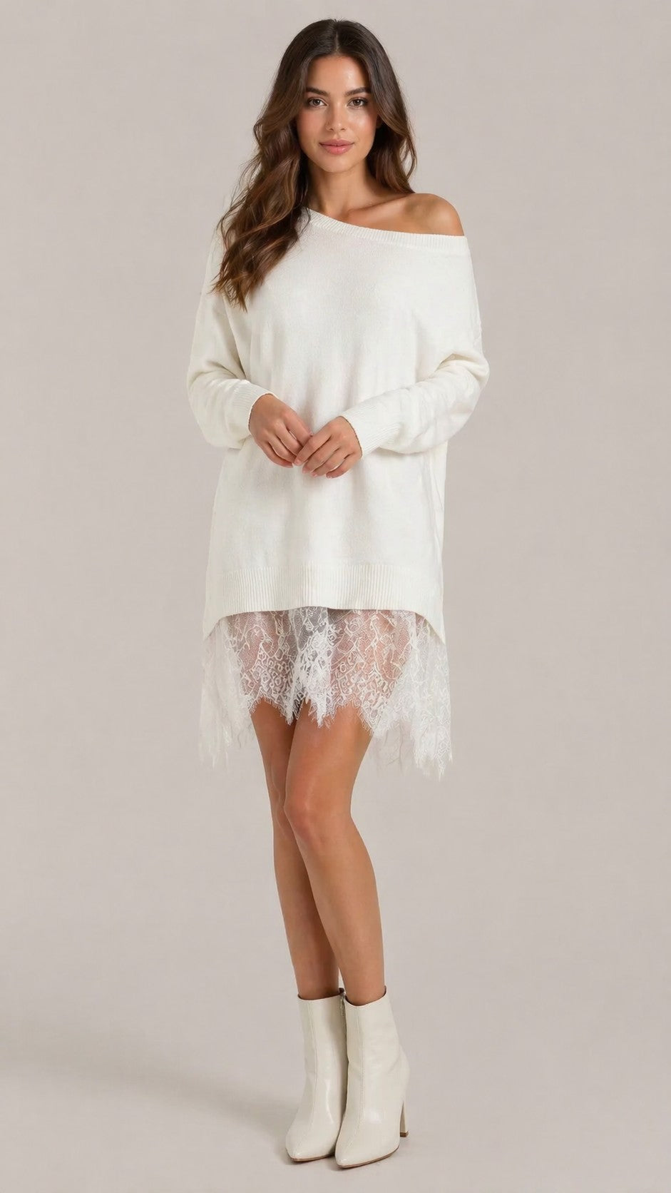 Women’s Long Sleeve Off Shoulder Lace Hem Mini Dress
