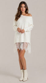 Women’s Long Sleeve Off Shoulder Lace Hem Mini Dress