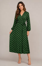 Women's Long Sleeve Pleated  Polka Dot Midi Dress
