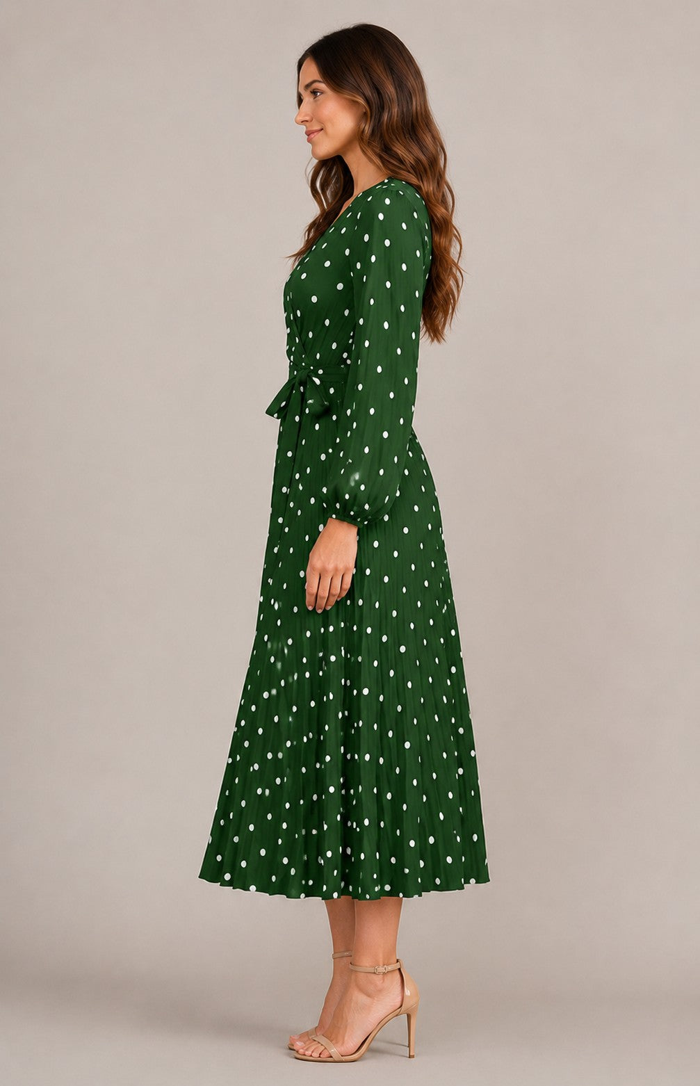 Women's Long Sleeve Pleated  Polka Dot Midi Dress